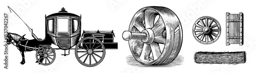 Vector Vintage carriage wheel and hay bale set in engraved style.