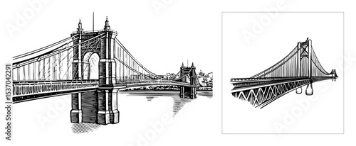 Vector Detailed illustrations of iconic suspension bridges showcase architectural grandeur.