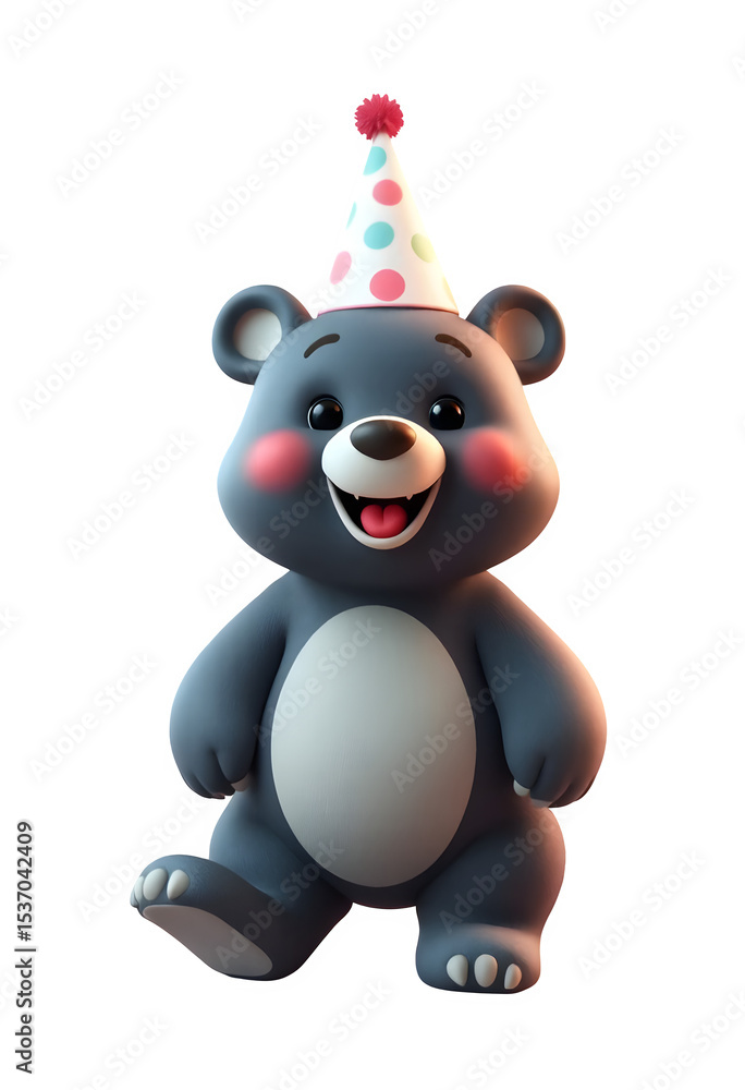 Naklejka premium 3d cute cartoon bear is wearing a birthday cap and feeling happy