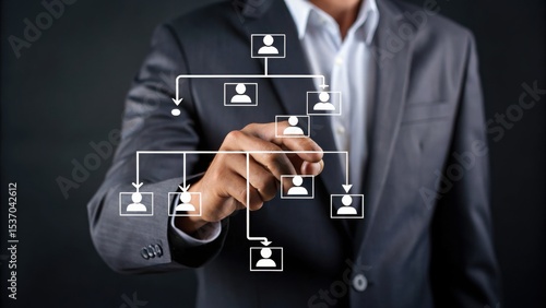 A businessperson in a suit interacts with a virtual organizational chart, illustrating company structure and management hierarchy.