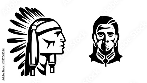 Vector Native American portraits showcase traditional headdress and facial features.