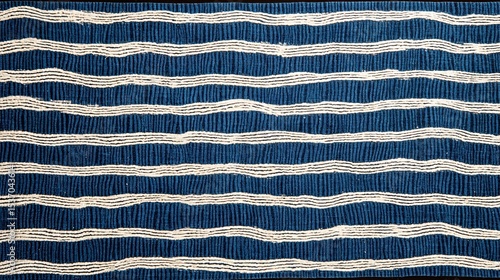 Katazome indigo stripe background with resist-dyed lines on cream, Japanese textile pattern.