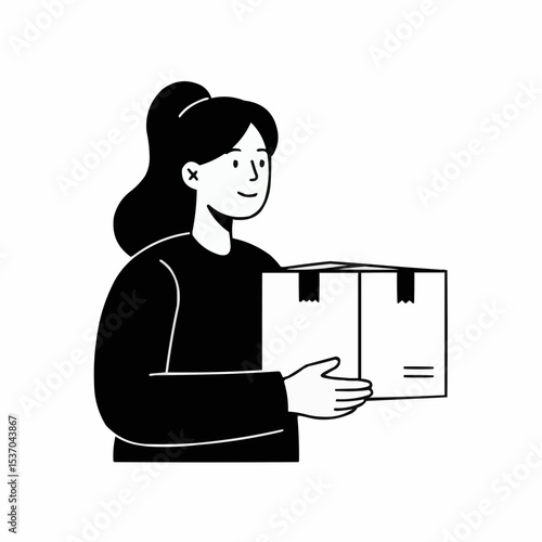 Minimalist black and white SVG of a woman receiving package at home – ecommerce delivery concept vector for shipping, online shopping, logistics, parcel tracking and customer experience

