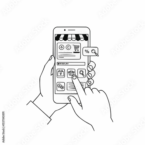 Minimal black and white SVG illustration of a digital storefront with multiple product tiles, price tags and discount signs. Perfect for marketplaces
