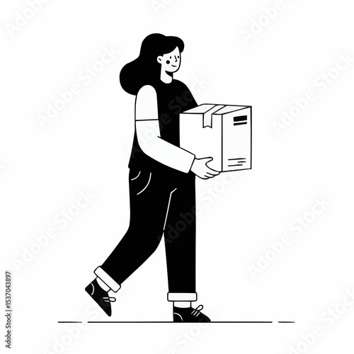 Minimalist black and white SVG of a woman receiving package at home – ecommerce delivery concept vector for shipping, online shopping, logistics, parcel tracking and customer experience

