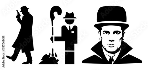 Vector Stylized detective illustrations depict classic mystery figures with weapons and accessories.