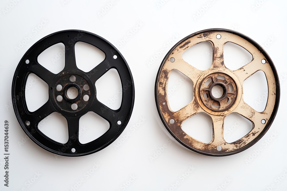 Obraz premium Two vintage film reels, one dark and one light
