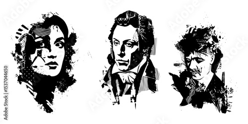 Vector Dramatic portraits of composers in bold monochrome vector style.