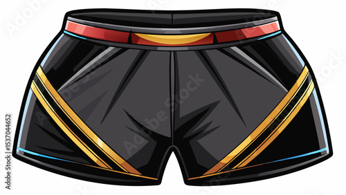 Close-up of black sport shorts with wide elastic waistband. Smooth finish and flexible design. Displayed on a clean white background, ideal for fitness vector with comfort and powerful contrast.