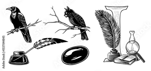 Vector Vintage writing set featuring ravens quill and inkwell illustrations.