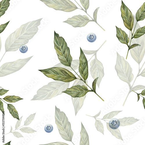 Wallpaper Mural Seamless watercolor pattern featuring a sprig with green leaves and blueberries. Botanical pattern on white background Torontodigital.ca