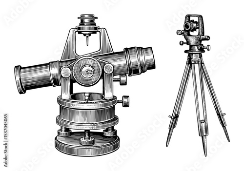 Vector Vintage surveying instruments including a theodolite and tripod are depicted in a detailed engraving style.