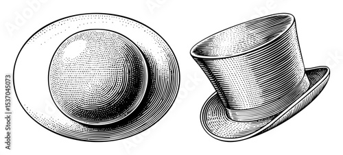 Vector Vintage hats including a fedora and a top hat are presented in a detailed .