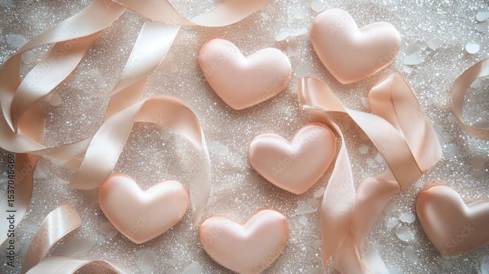 Romantic pink hearts and ribbon background for valentine day love and wedding decoration aesthetic wallpaper Romantic pink hearts and ribbon background for valentine day love and wedding decoration aesthetic wallpaper