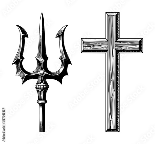 Vector trident and a wooden cross stand as contrasting symbolic illustrations.
