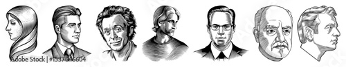 Vector Collection of seven engraved head portraits depicting diverse male and female figures.