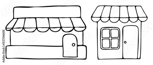Vector Charming storefronts with awnings and doors.