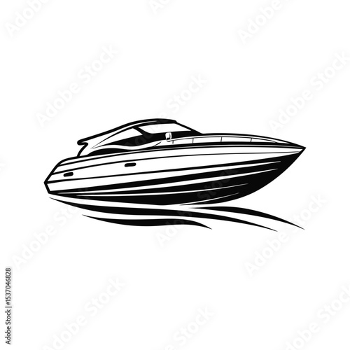 Black and White Silhouette of a Fast Motorboat Speedboat Vessel Isolated on White Background yacht