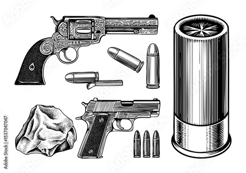 Vector Vintage firearms ammunition and a money bag .