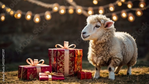 Cute sheep with gifts and lanterns, festive scene for Eid al-Adha.