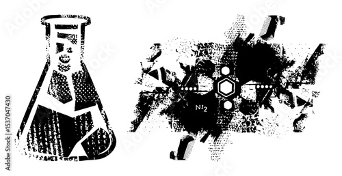 Vector Broken flask and chemical structure in distressed style.