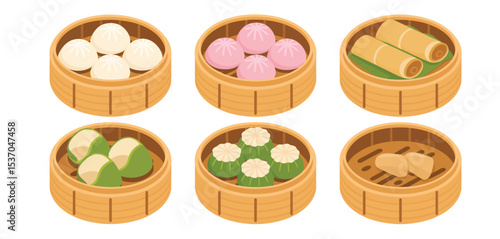 Assorted delicious dim sum in bamboo steamers