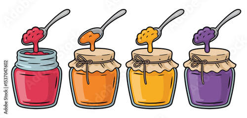 Four jars of colorful fruit preserves with spoons
