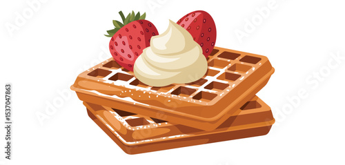 Delicious waffles with whipped cream and strawberries