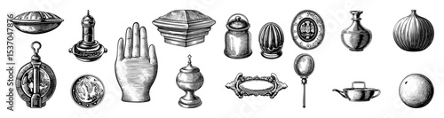 Vector Collection of ornate vintage vessels and decorative objects in engraved style.