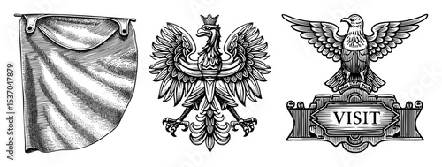 Vector Vintage heraldic elements showcase a fluttering banner Polish eagle and American eagle with a decorative ribbon.