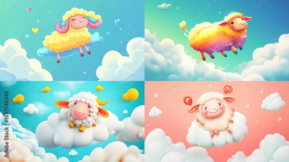 Four cartoon sheep, pastel colors, floating on clouds, whimsical, cute, fluffy, adorable Four cartoon sheep, pastel colors, floating on clouds, whimsical, cute, fluffy, adorable