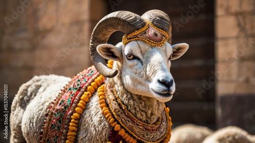 Decorated ram for the Muslim Feast of Sacrifice, Eid ul Adha.