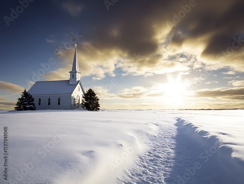 Snowy church landscape at sunset
