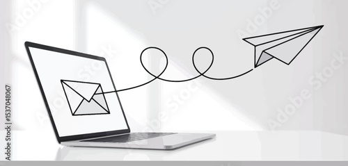 Email sending concept laptop paper airplane