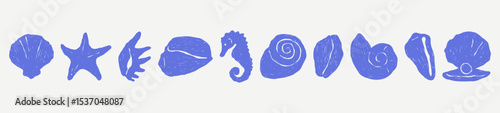 Blue sea shell silhouette icon set. Abstract hand drawn vector logotype. Minimalist illustration of clam, conch, cockle, scallop shells. Summer tropical ink doodle element symbol.