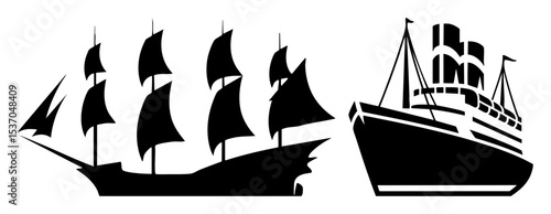Vector Vintage sailing ships features detailed black silhouettes.