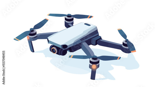 Isometric illustration of a white and dark blue quadcopter drone with four propellers. The drone is depicted from a slightly elevated angle, showcasing its design details including the propellers,