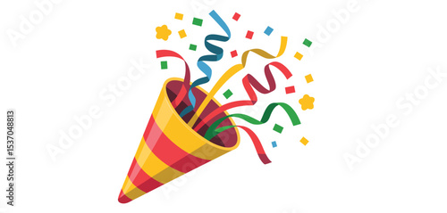 Party popper with colorful confetti and streamers