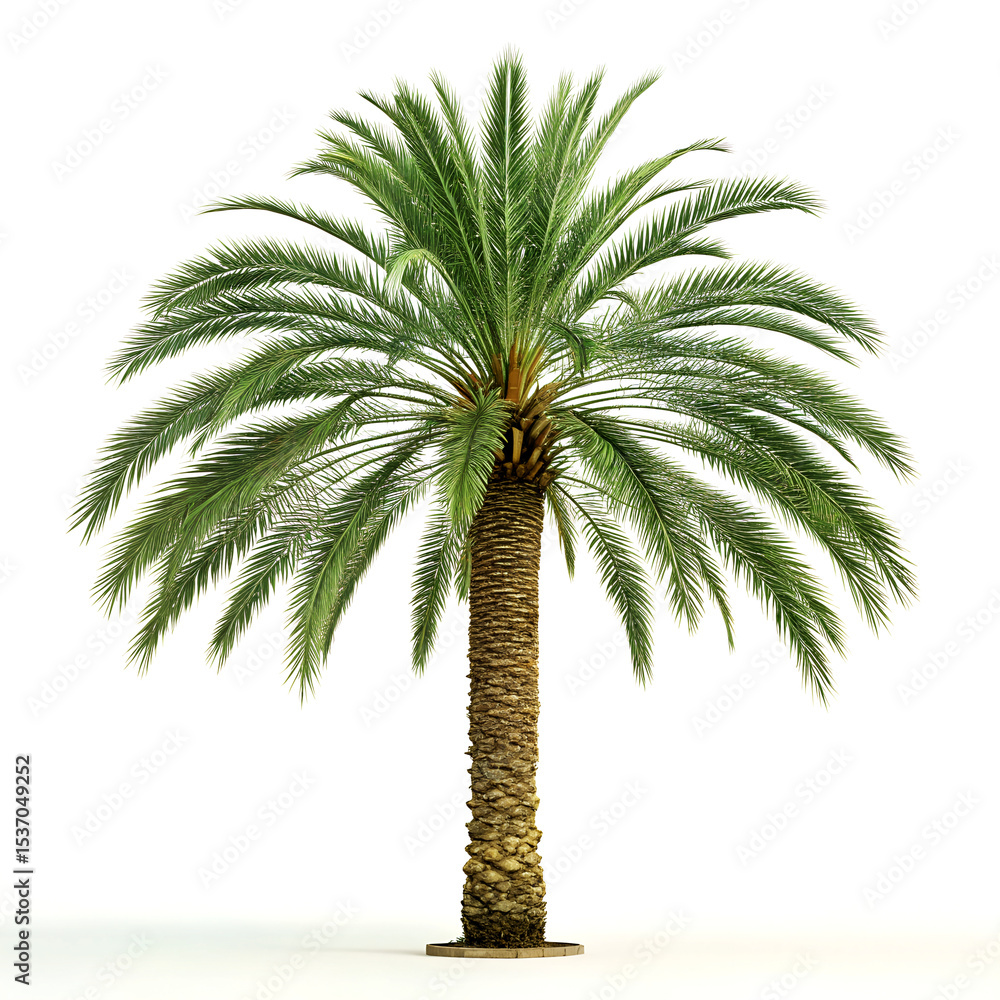 Obraz premium Date palm tree isolated on white background with straight trunk and green leaves, studio lighting