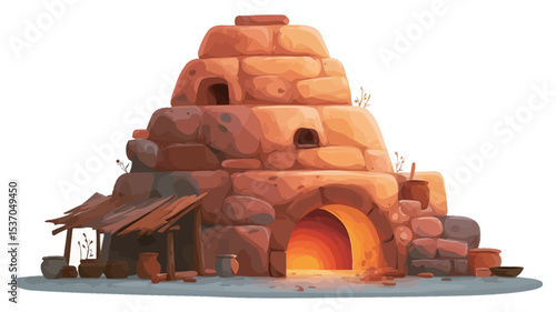 Digital illustration of an ancient stone kiln or furnace. The structure is conical, built of stacked, rough-hewn stones in shades of orange and brown.  Several small openings are visible in the