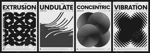 Modern abstract poster collection, vector minimalist posters with geometric shapes in black and white, brutalist style inspired graphics, bold aesthetic, shape distortion effect set 18