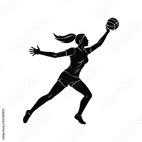 Black Silhouette Female Handball Player Throwing Ball Dynamic Action Pose Isolated White Background woman