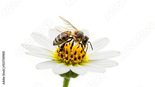 Close-up of a bee pollinating a flower in an agricultural setting with a white background