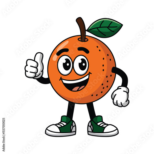 A cheerful cartoon orange character with big, expressive eyes smiling widely Orange has two legs and two arms