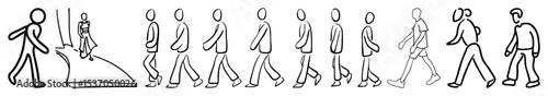 Vector Stick figure walk cycle depicts human movement.