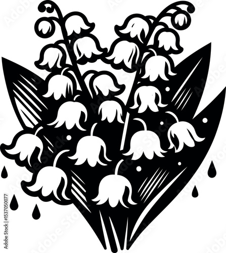 Detailed close-up of Lily of the Valley flowers sparkling with morning water droplets
