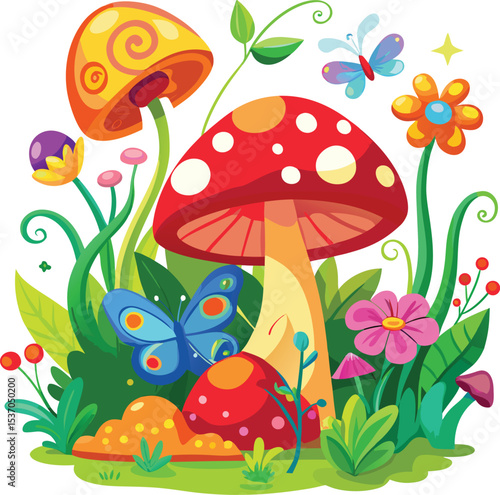 colorful mushroom illustrations with flowers and butterflies
