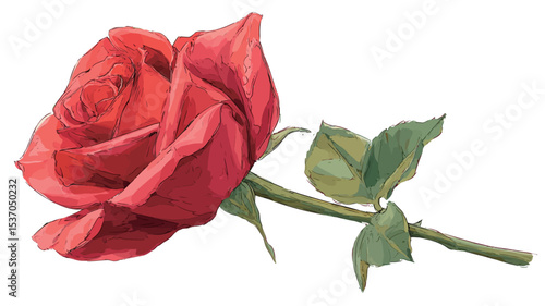 Close-up illustration of a single red rose. The rose is depicted with highly detailed petals, showing variations in color and texture. The stem is visible, along with several green leaves