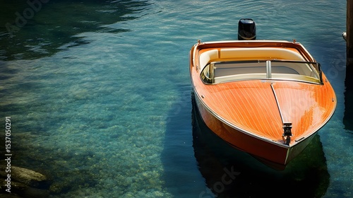Classic Wooden Runabout Boat on Calm Lake Water