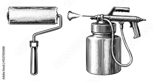 Vector Painting tools including a roller and spray gun are depicted in a vintage engraving style.